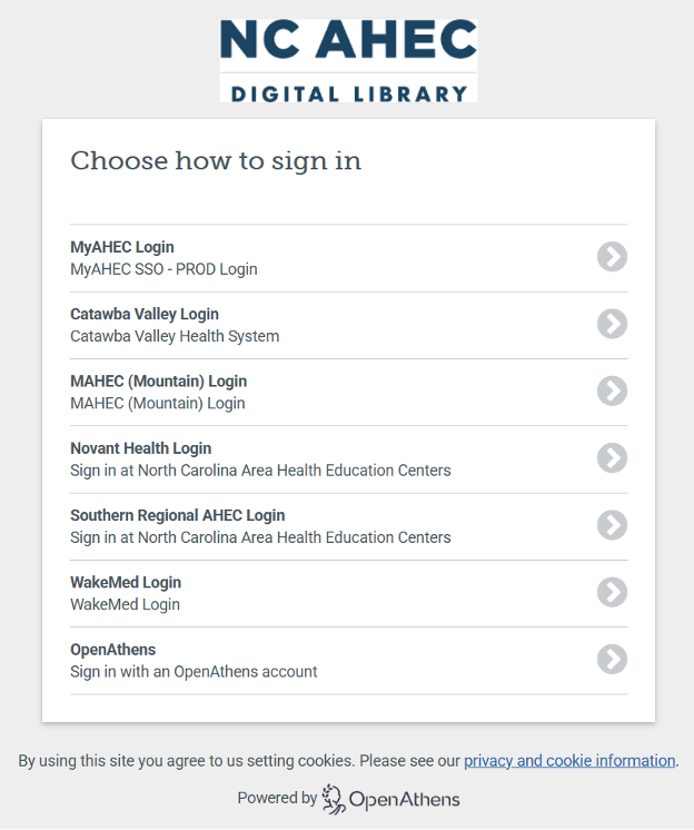 Screen capture of OpenAthens institutional SSO connectors